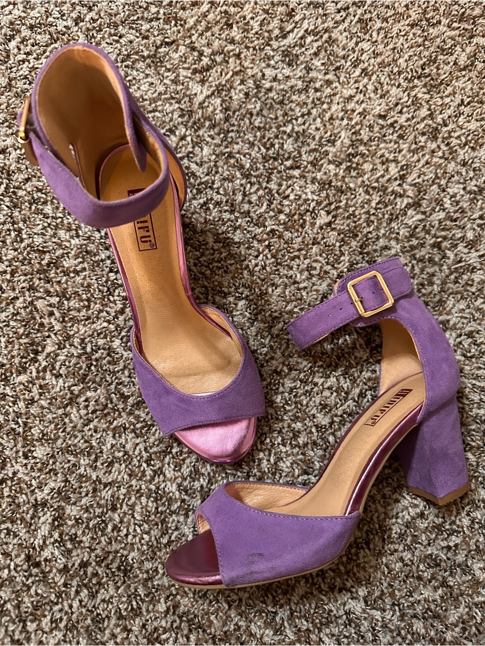 IDIFU Purple Suede Block Heel Sandals with Gold Buckle